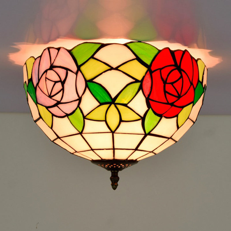 Stained Glass Floral Ceiling Fixture Tiffany 2 Lights Brass Flush Mount Light for Bedroom