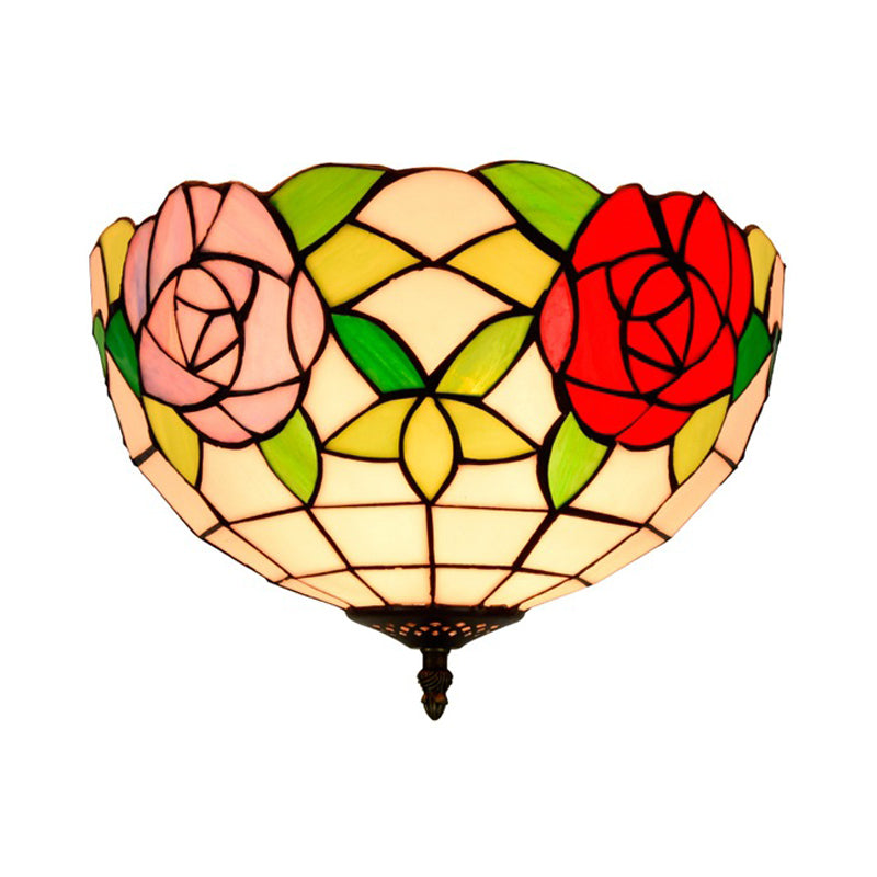 Stained Glass Floral Ceiling Fixture Tiffany 2 Lights Brass Flush Mount Light for Bedroom