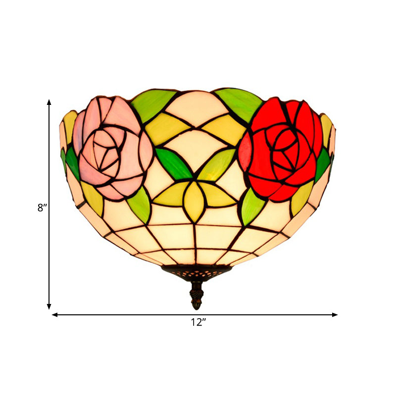 Lámpara de techo floral con vidrieras Tiffany, 2 luces, montaje empotrado de latón, para dormitorio