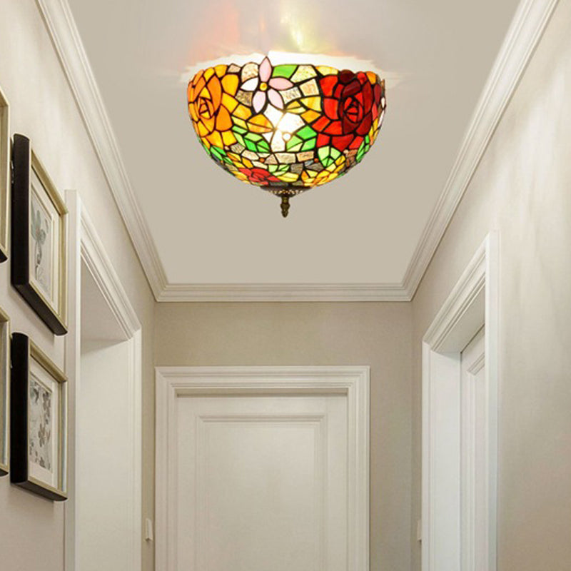 Stained Glass Floral Ceiling Fixture Tiffany 2 Lights Brass Flush Mount Light for Bedroom