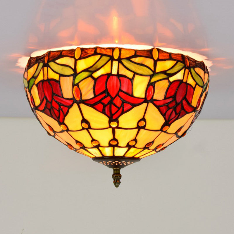 Stained Glass Floral Ceiling Fixture Tiffany 2 Lights Brass Flush Mount Light for Bedroom