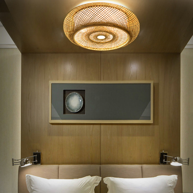 Wooden Circular Ceiling Light in Asian Simplicity Weave Bamboo Flush Mount for Corridor