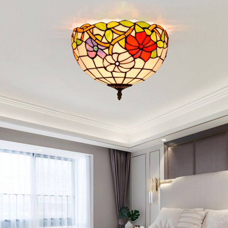 2/3 Lights Peony Ceiling Lighting Tiffany Bronze Stained Glass Flush Mount Light Fixture for Bedroom