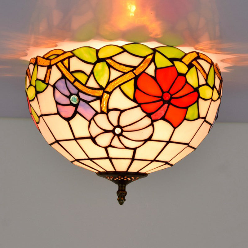 2/3 Lights Peony Ceiling Lighting Tiffany Bronze Stained Glass Flush Mount Light Fixture for Bedroom