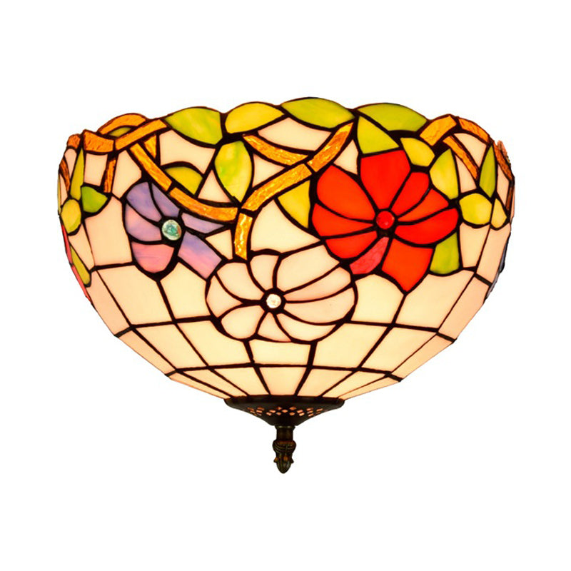 2/3 Lights Peony Ceiling Lighting Tiffany Bronze Stained Glass Flush Mount Light Fixture for Bedroom