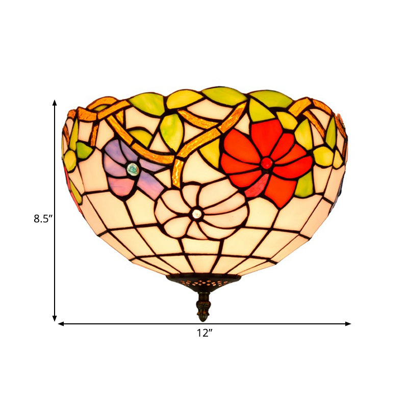 2/3 Lights Peony Ceiling Lighting Tiffany Bronze Stained Glass Flush Mount Light Fixture for Bedroom