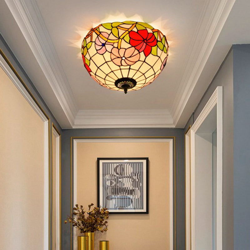 2/3 Lights Peony Ceiling Lighting Tiffany Bronze Stained Glass Flush Mount Light Fixture for Bedroom