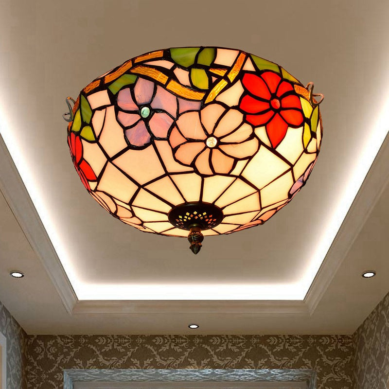 2/3 Lights Peony Ceiling Lighting Tiffany Bronze Stained Glass Flush Mount Light Fixture for Bedroom