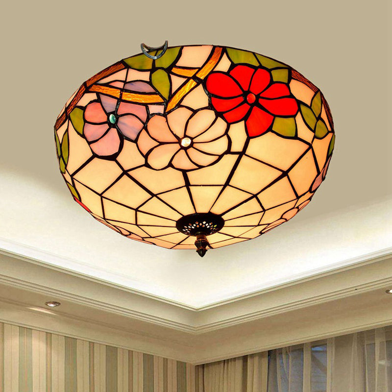 2/3 Lights Peony Ceiling Lighting Tiffany Bronze Stained Glass Flush Mount Light Fixture for Bedroom