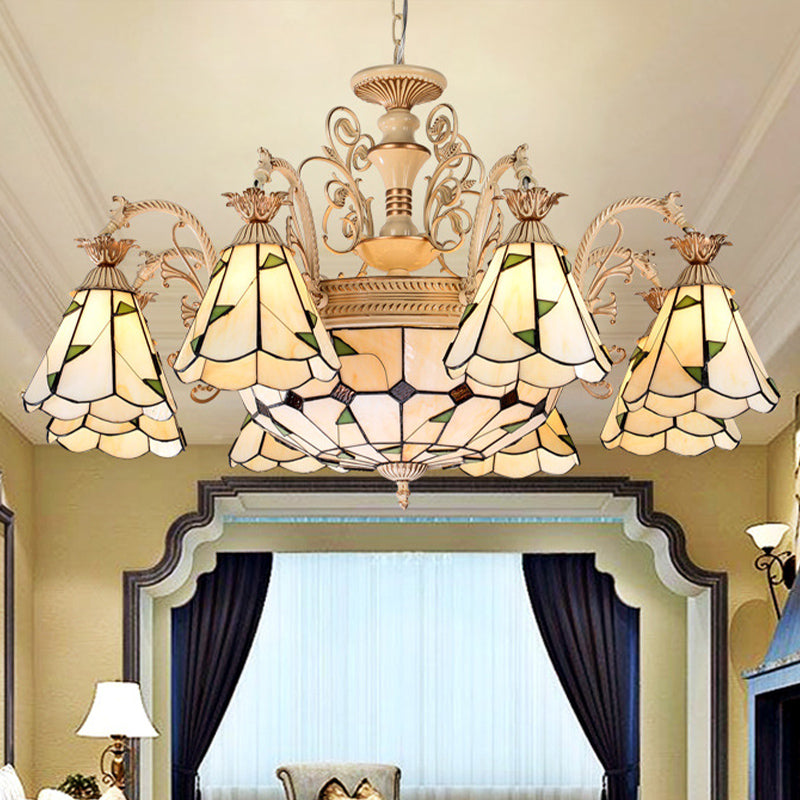 Baroque Conical Chandelier Lighting 9/11 Lights Cut Glass Hanging Light Fixture in White and Gold