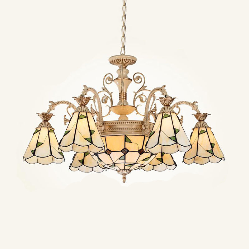 Baroque Conical Chandelier Lighting 9/11 Lights Cut Glass Hanging Light Fixture in White and Gold