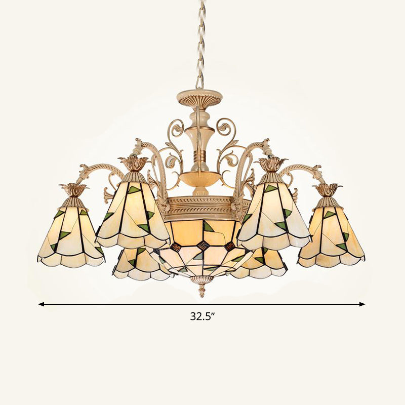 Baroque Conical Chandelier Lighting 9/11 Lights Cut Glass Hanging Light Fixture in White and Gold