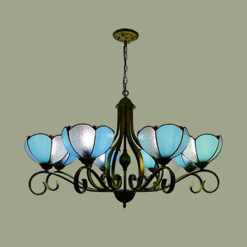 Yellow/Blue Scalloped Chandelier Lamp Tiffany 3/6/8 Lights Stained Glass Hanging Light Fixture