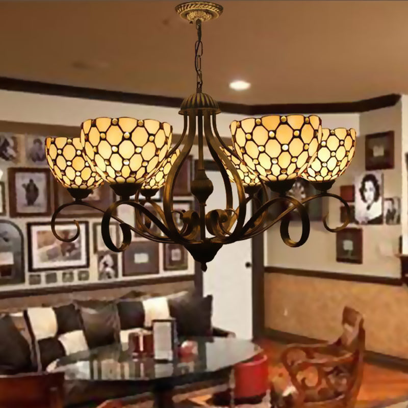 Beige 3/6/8 Lights Pendant Chandelier Mediterranean Stained Glass Jeweled Suspension Lamp, 25.5"/34"/37.5" W