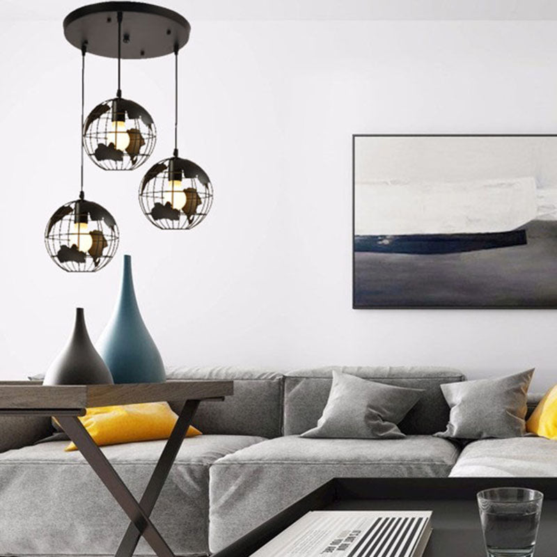 3-Light Ceiling Light, Industrial Style, Earth Shape, with White Ironic Shades