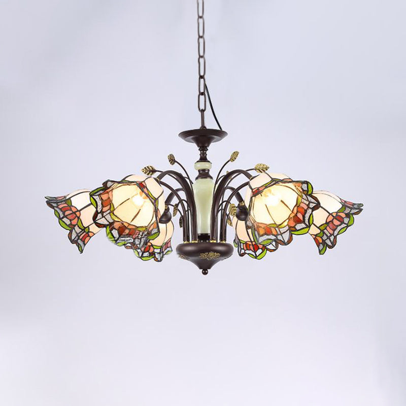 Stained Art Glass Bronze Pendant Chandelier Floral 3/6/8 Lights Tiffany Style Hanging Light Fixture for Bedroom