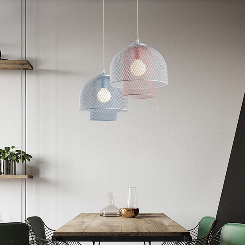 Wire Mesh Pendant Lamp Contemporary Metallic 1 Light White and Pink/White and Blue Hanging Light