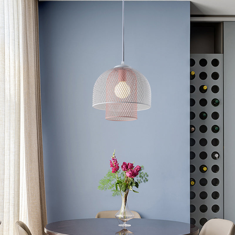 Wire Mesh Pendant Lamp Contemporary Metallic 1 Light White and Pink/White and Blue Hanging Light