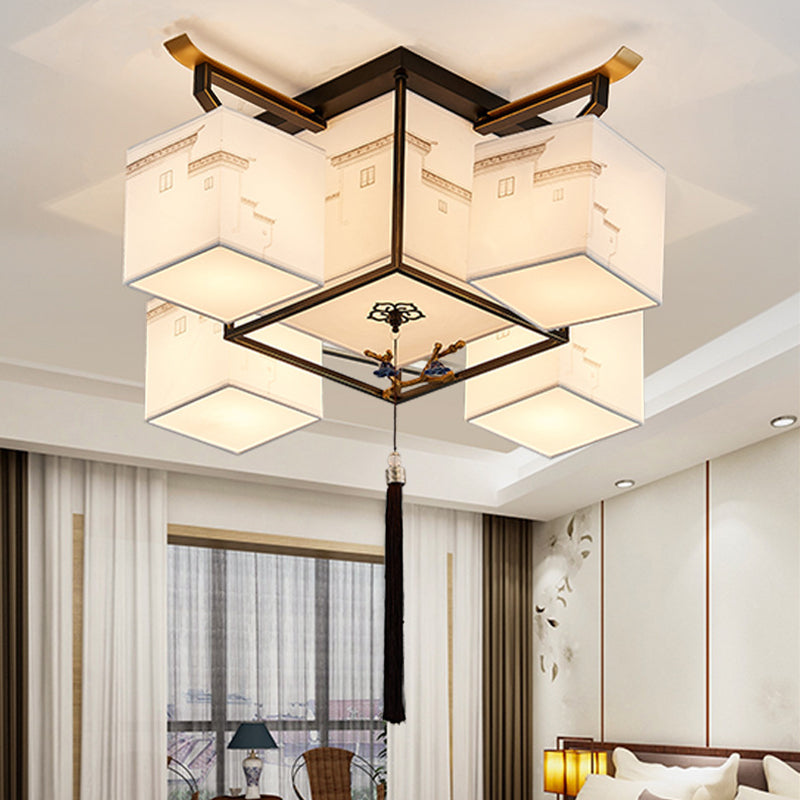 White Sputnik LED Ceiling Light in Traditional Artistic Style Fabrics Indoor Semi Flush Mount with Ceramic Flower Decoration