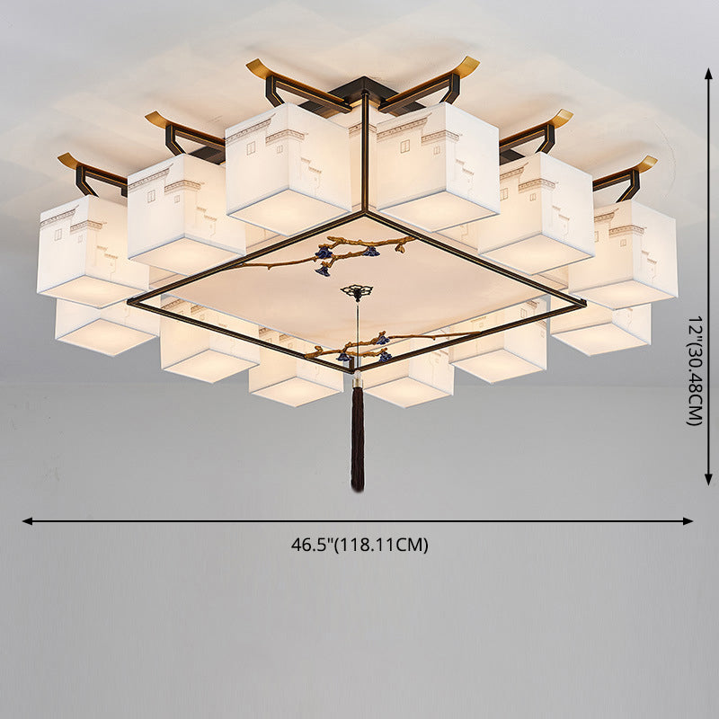 White Sputnik LED Ceiling Light in Traditional Artistic Style Fabrics Indoor Semi Flush Mount with Ceramic Flower Decoration