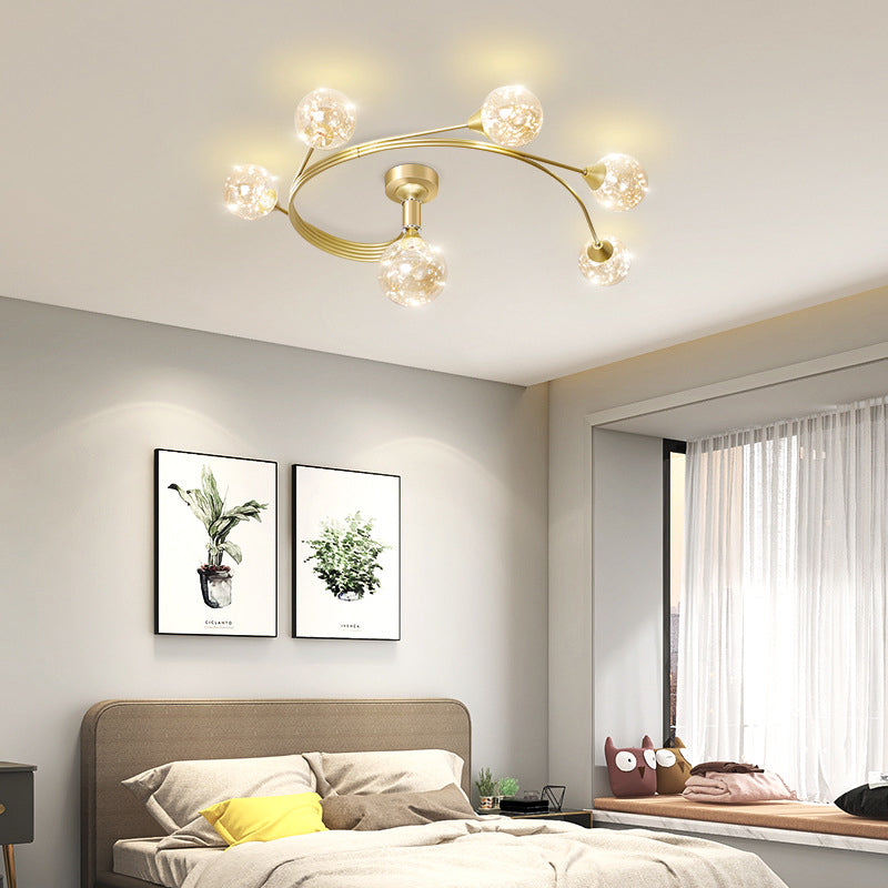 Metal Curve Semi Flush Mount Minimalist Starry LED Ceiling Light with Ball Glass Shade