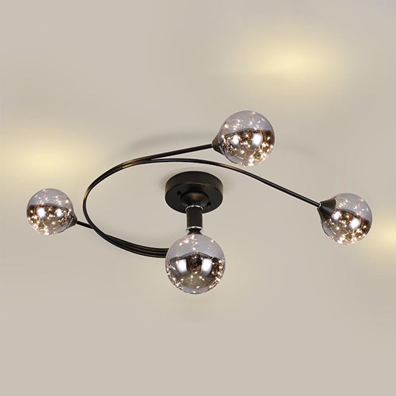 Metal Curve Semi Flush Mount Minimalist Starry LED Ceiling Light with Ball Glass Shade