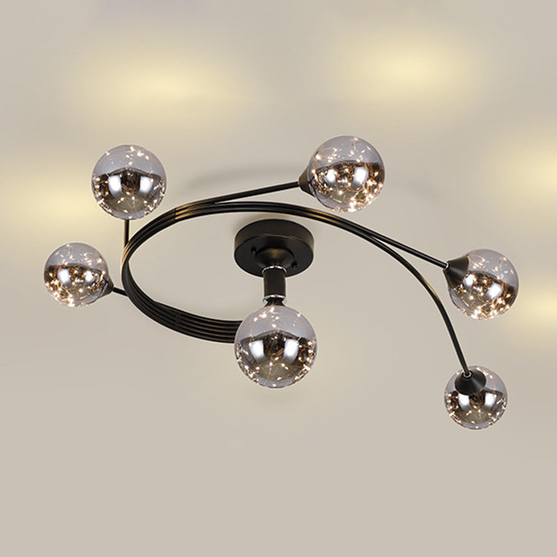 Metal Curve Semi Flush Mount Minimalist Starry LED Ceiling Light with Ball Glass Shade