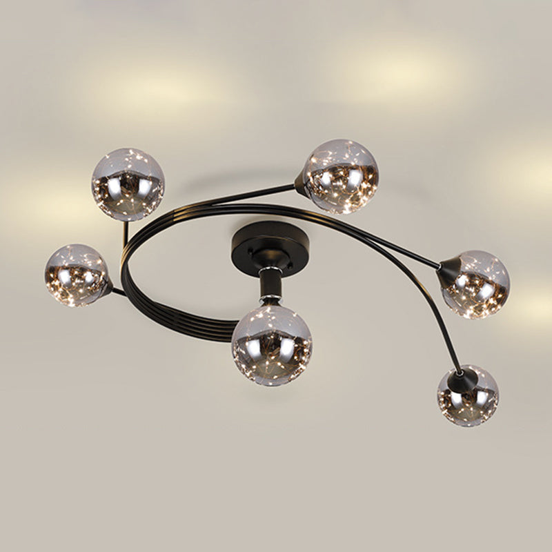 Curva de metal Semi Flush Monte Minimalista LED de led estrellado Luz de techo con sombra de vidrio de bola