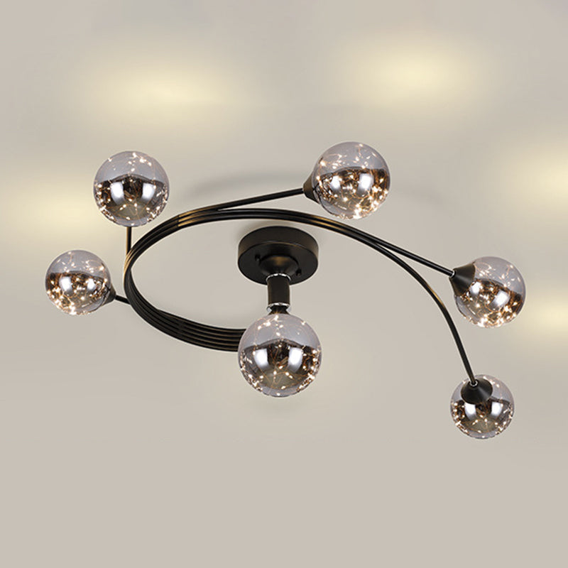 Metal Curve Semi Flush Mount Minimalist Starry LED Ceiling Light with Ball Glass Shade