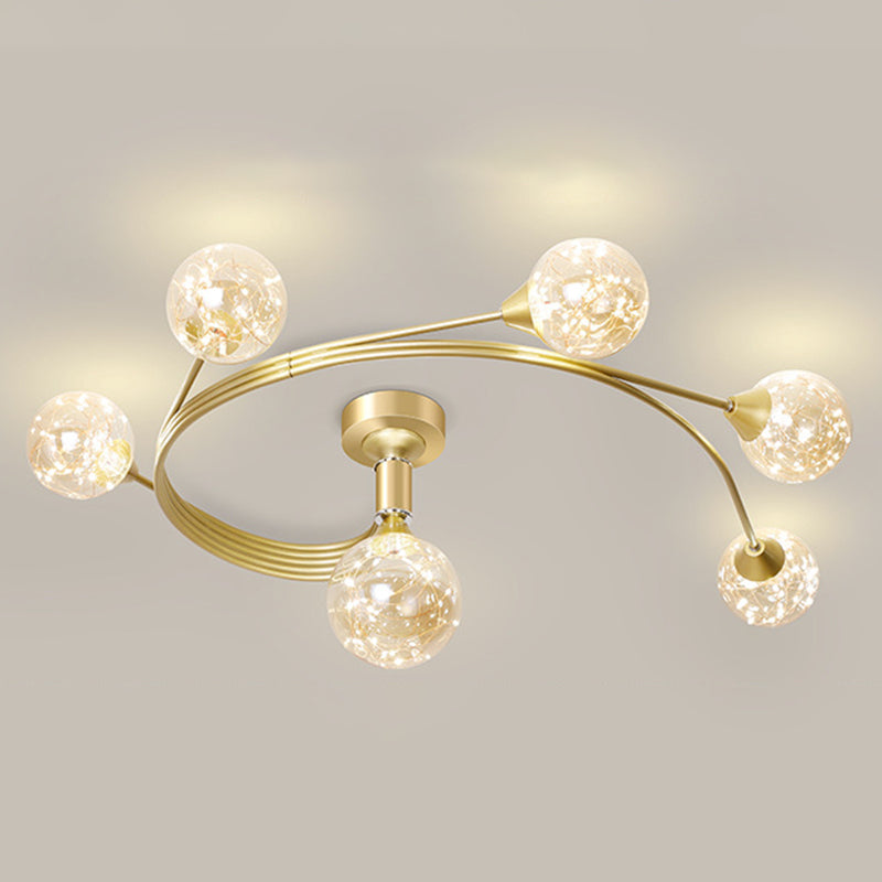 Metal Curve Semi Flush Mount Minimalist Starry LED Ceiling Light with Ball Glass Shade