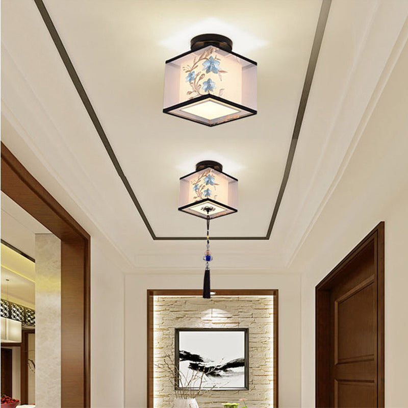 Traditional Unique Semi Flush Mount Wrought Iron Indoor Ceiling Light with Fabric Shade