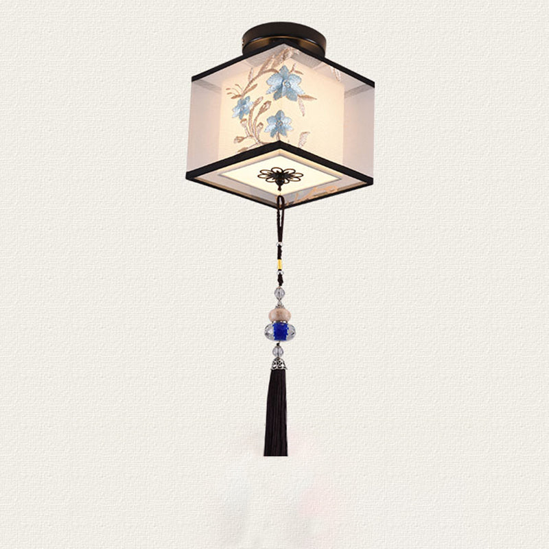 Traditional Unique Semi Flush Mount Wrought Iron Indoor Ceiling Light with Fabric Shade