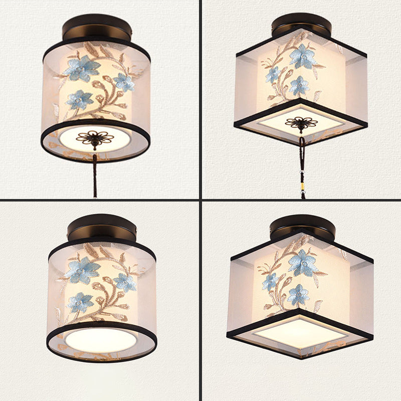 Traditional Unique Semi Flush Mount Wrought Iron Indoor Ceiling Light with Fabric Shade