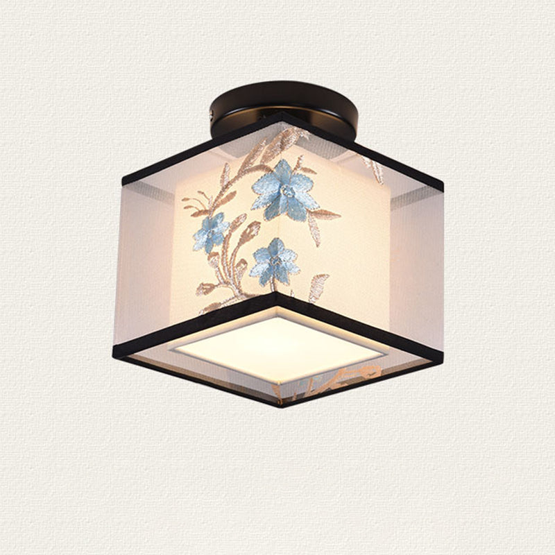 Traditional Unique Semi Flush Mount Wrought Iron Indoor Ceiling Light with Fabric Shade