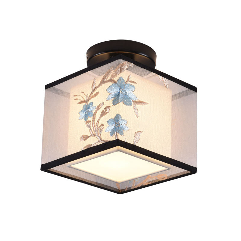 Traditional Unique Semi Flush Mount Wrought Iron Indoor Ceiling Light with Fabric Shade