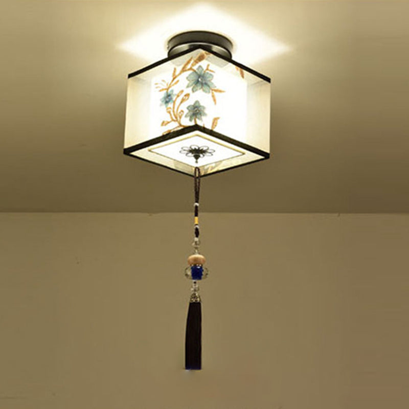 Traditional Unique Semi Flush Mount Wrought Iron Indoor Ceiling Light with Fabric Shade