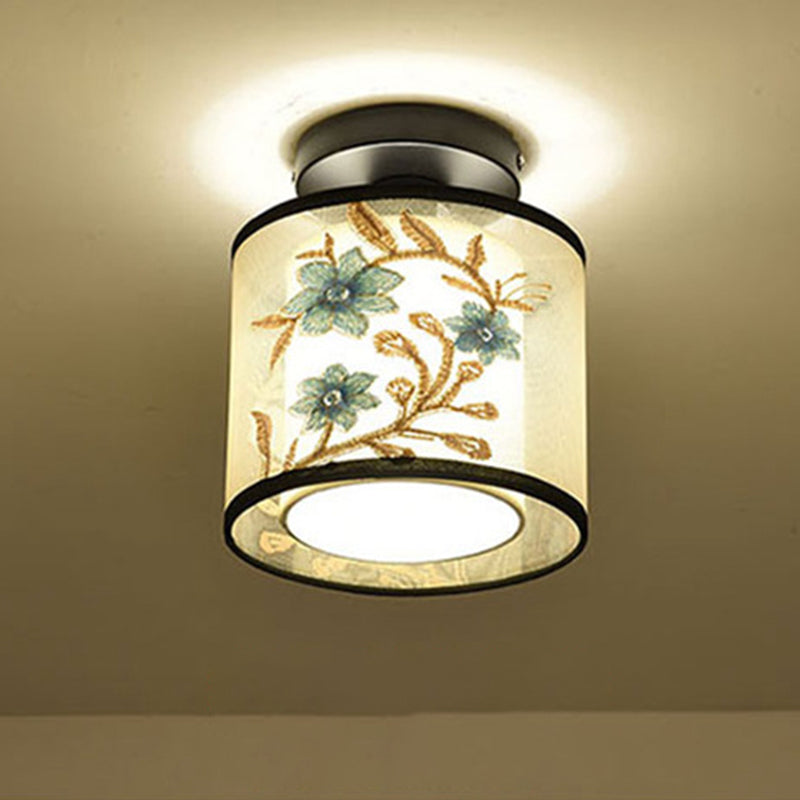 Traditional Unique Semi Flush Mount Wrought Iron Indoor Ceiling Light with Fabric Shade