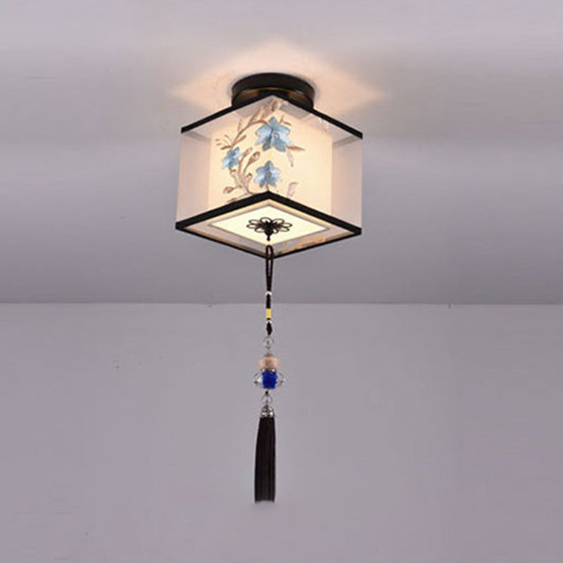 Traditional Unique Semi Flush Mount Wrought Iron Indoor Ceiling Light with Fabric Shade