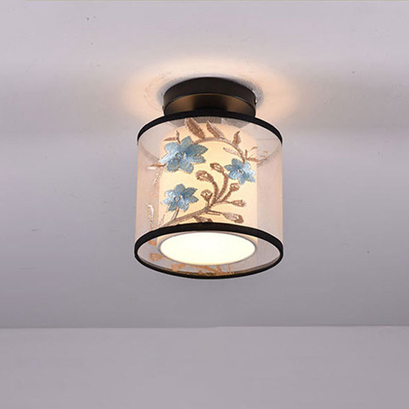 Traditional Unique Semi Flush Mount Wrought Iron Indoor Ceiling Light with Fabric Shade