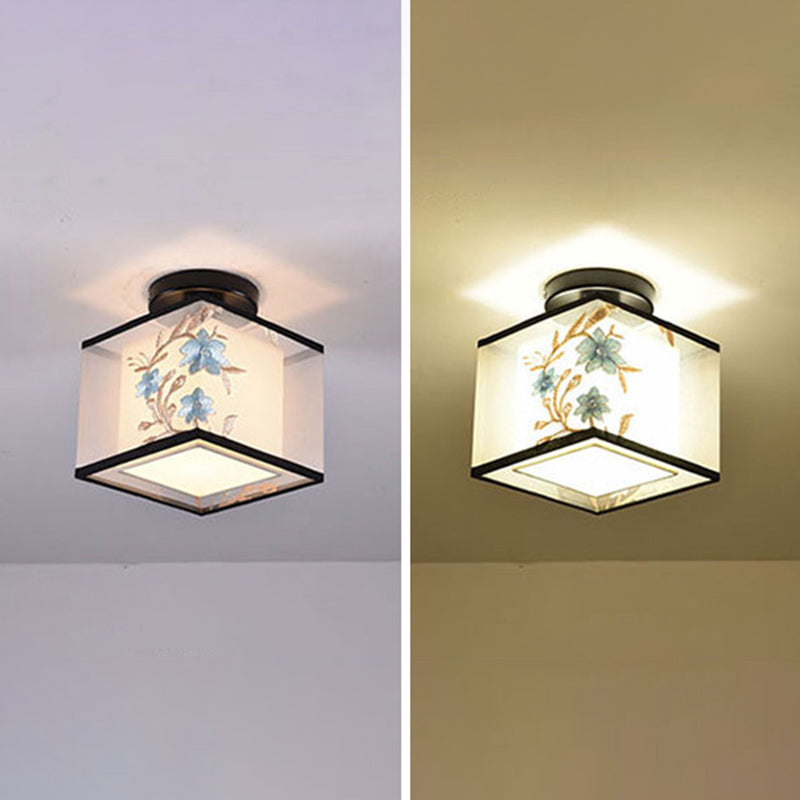 Traditional Unique Semi Flush Mount Wrought Iron Indoor Ceiling Light with Fabric Shade