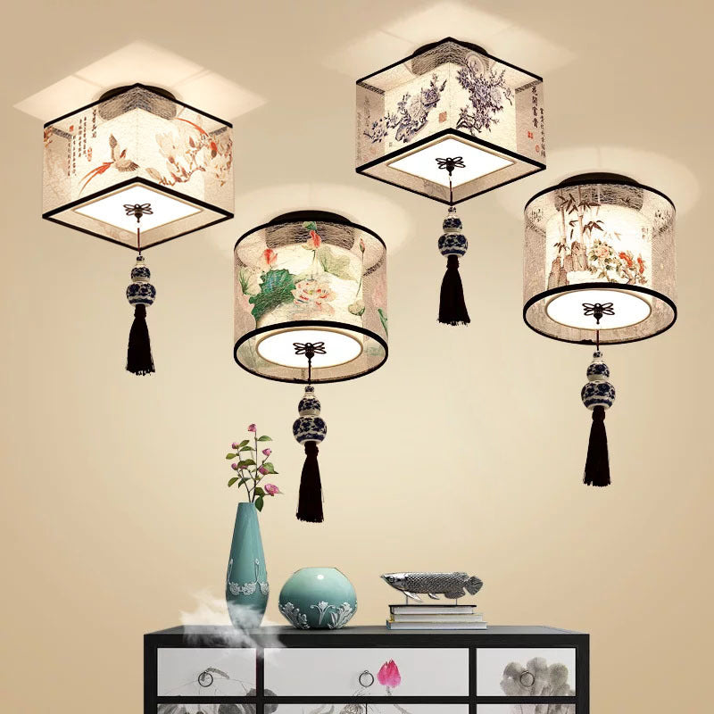 Wrought Iron Geometric LED Semi Flush Mount in Traditional Concise Style Fabrics Ceiling Light for Dining Room