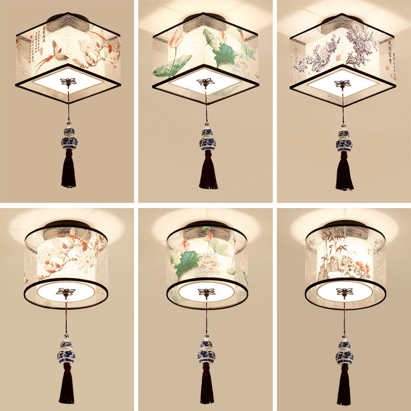 Wrought Iron Geometric LED Semi Flush Mount in Traditional Concise Style Fabrics Ceiling Light for Dining Room