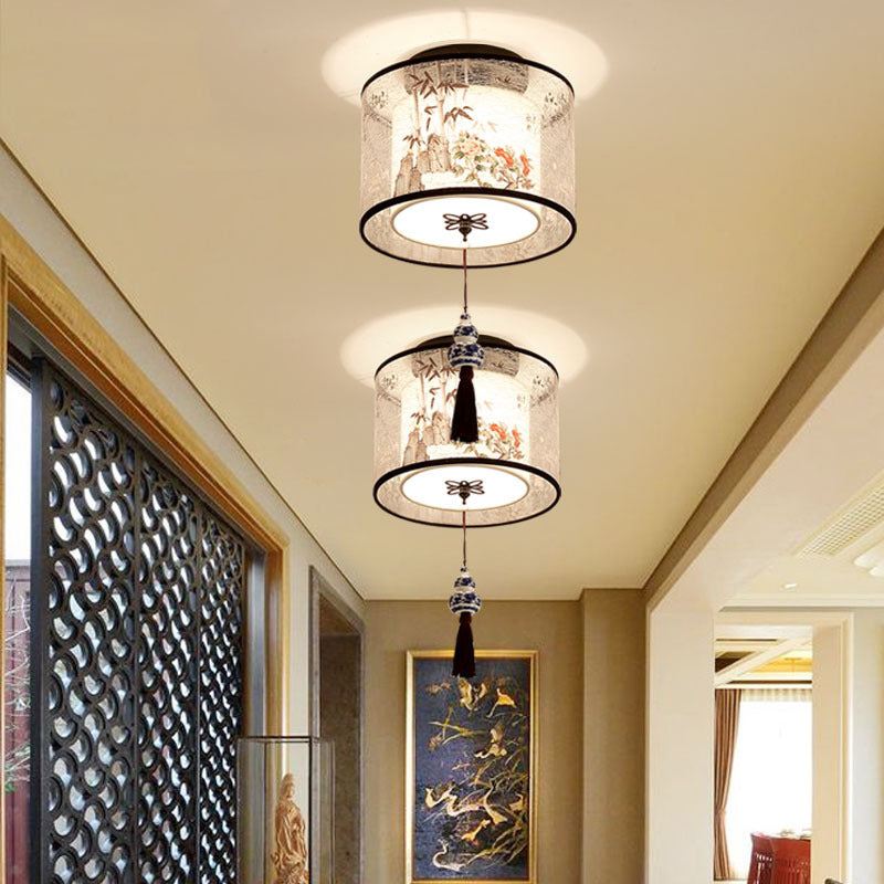 Wrought Iron Geometric LED Semi Flush Mount in Traditional Concise Style Fabrics Ceiling Light for Dining Room