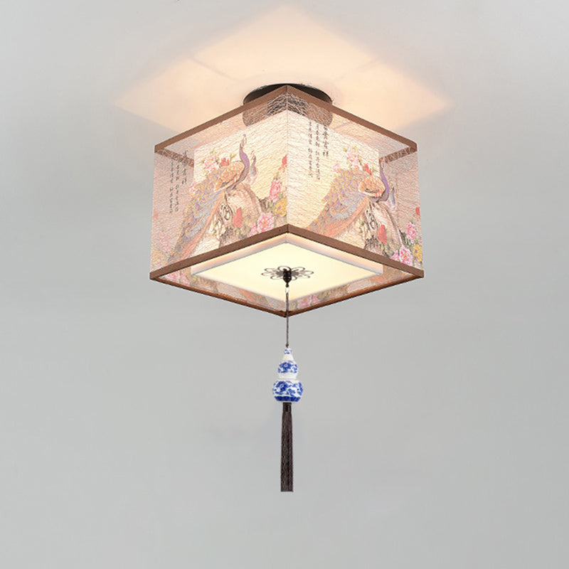 Wrought Iron Geometric LED Semi Flush Mount in Traditional Concise Style Fabrics Ceiling Light for Dining Room