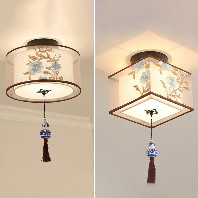 Wrought Iron Geometric LED Semi Flush Mount in Traditional Concise Style Fabrics Ceiling Light for Dining Room