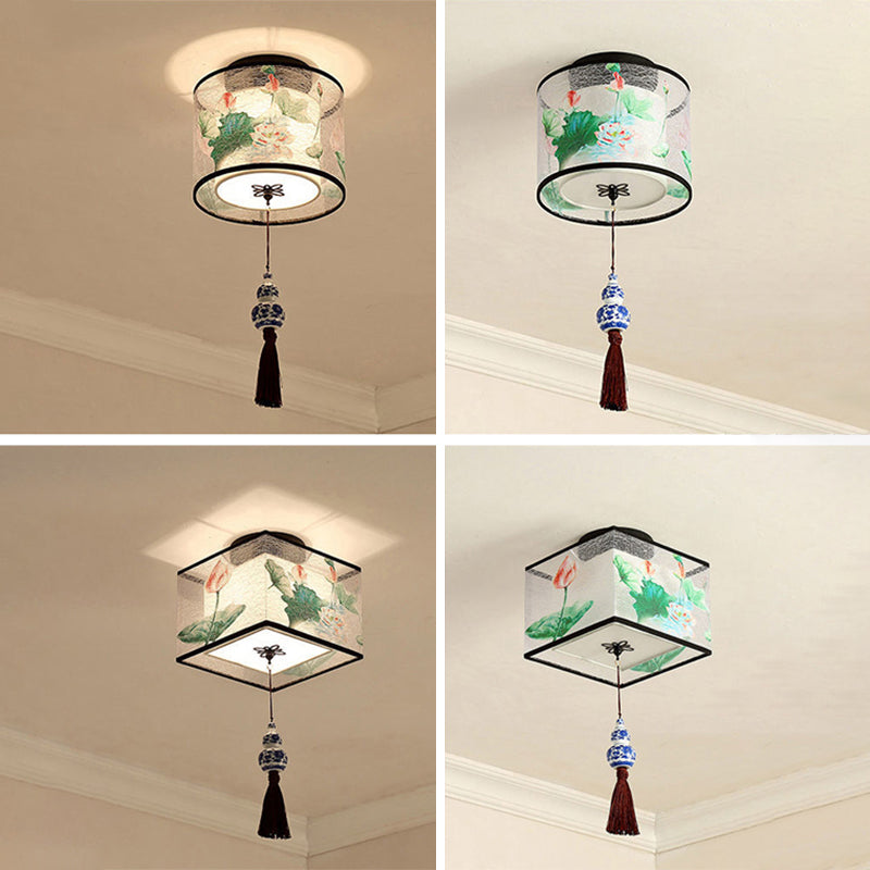 Wrought Iron Geometric LED Semi Flush Mount in Traditional Concise Style Fabrics Ceiling Light for Dining Room