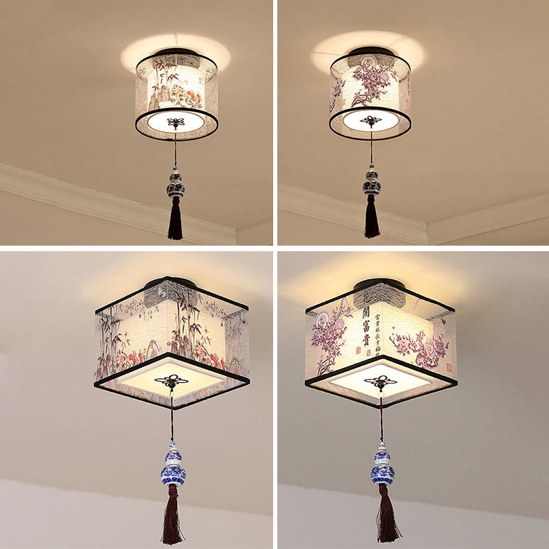 Wrought Iron Geometric LED Semi Flush Mount in Traditional Concise Style Fabrics Ceiling Light for Dining Room