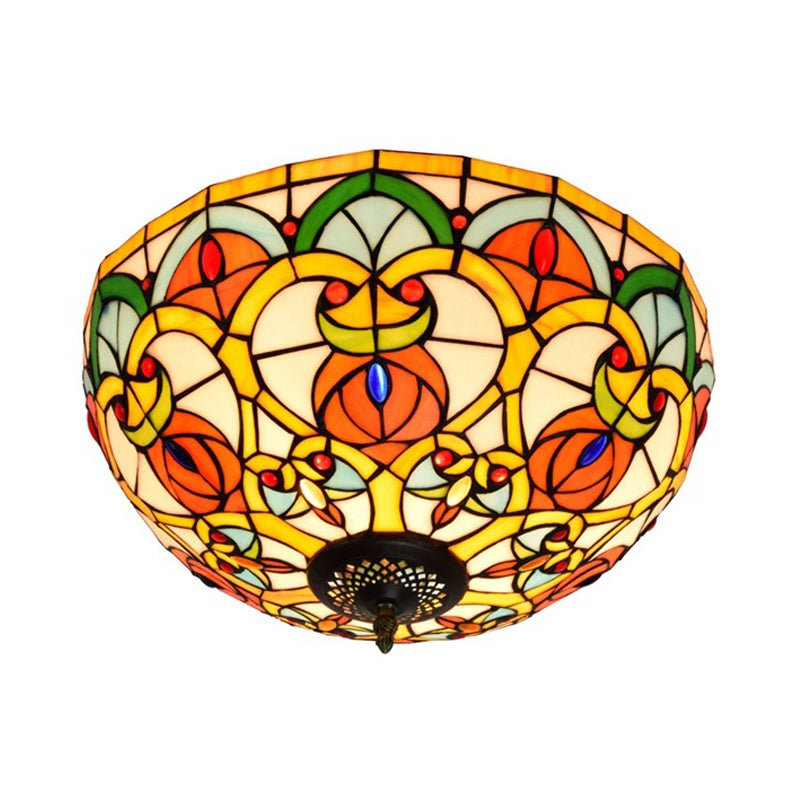 3 Lights Dome Ceiling Lamp Baroque Bronze Stained Glass Flush Mount Lighting for Kitchen