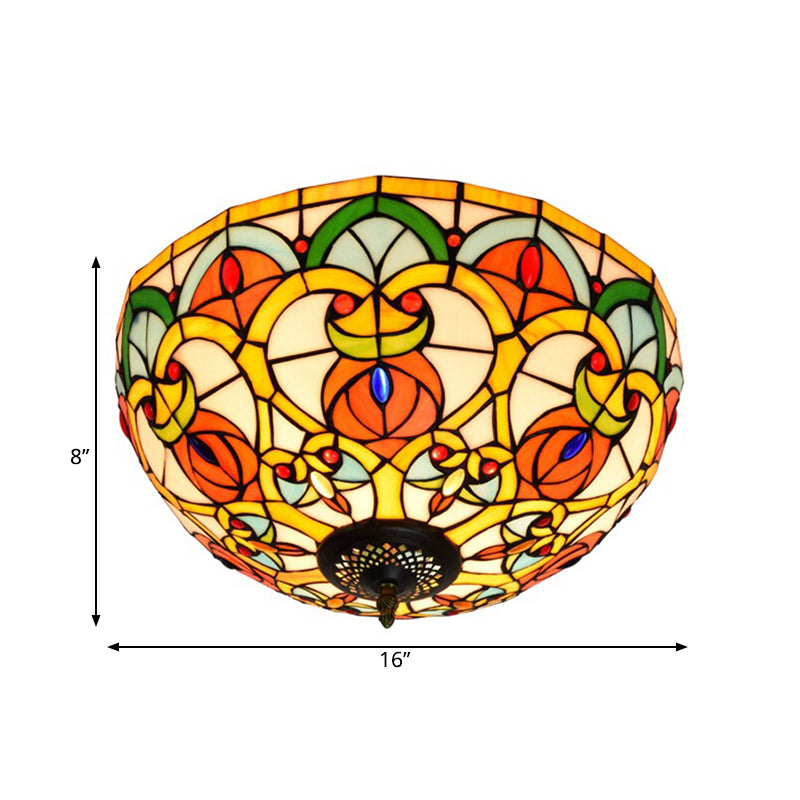 3 Lights Dome Ceiling Lamp Baroque Bronze Stained Glass Flush Mount Lighting for Kitchen