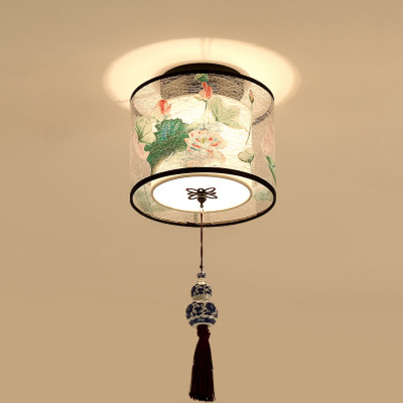 1-Light Geometric Ceiling Light in Traditional Artistic Style Fabrics Semi Flush Mount for Corridor